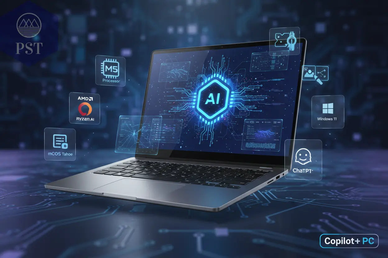 AI Laptop mit KI Power. beschleunigte KI Prozessoren und Grafikkarten M5, AMD Ryzen AI, KI Betriebssysteme mit iOS 26, macOS Tahoe, Windows 11, Anwendungen  von Copilot und ChatGPT bis AI Bild Bearbeitung und AI Modelle Copilot+ PC, MSI AI
